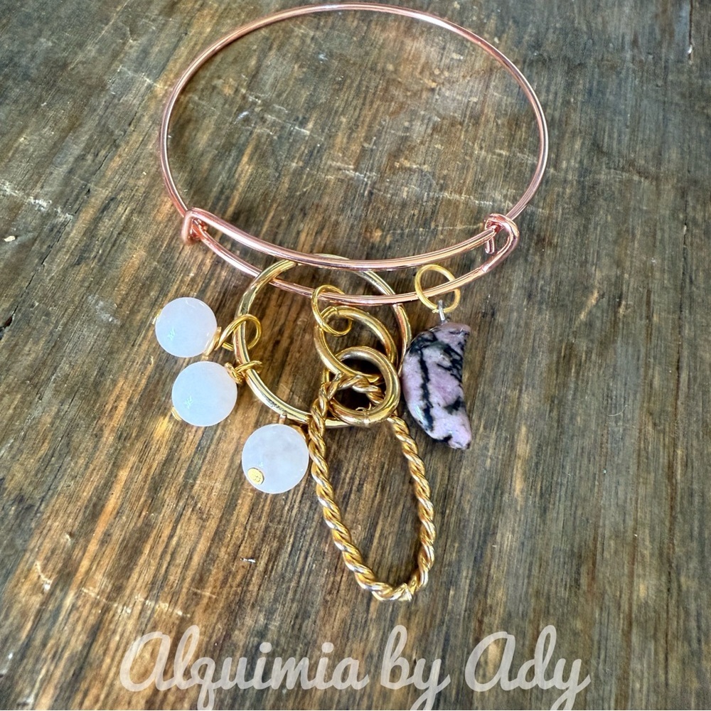RHODONITE MOON PINK QUARTZ GOLD BANGLE BRACELET